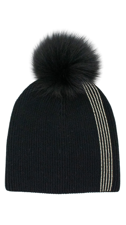 Crystal Stripe Beanie with Fur Pom