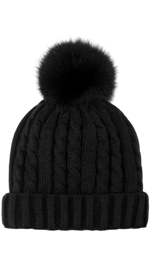 Cable Knit Beanie with Fox Pom Pom
