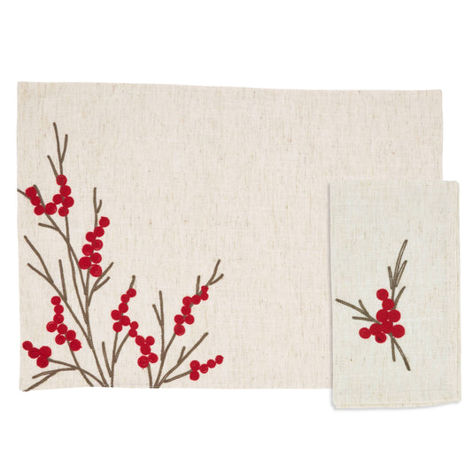 Embroidered Berry 8 pc Set (4 Placemats, 4 Napkins)